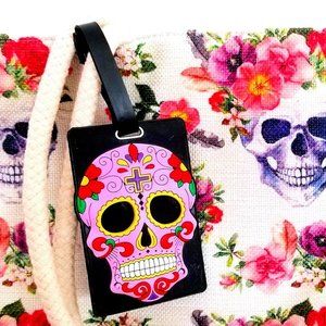 BUNDLE Sugar Skull Tote Bag + Matching Luggage Tag PINK